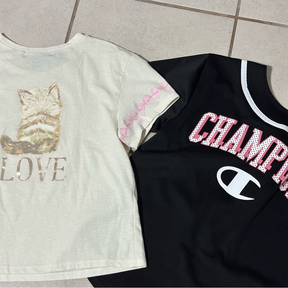 Champion & Kandy Kiss Kids Girl Cat Print Cream T-Shirt and Black Baseball Tee M - Picture 7 of 7